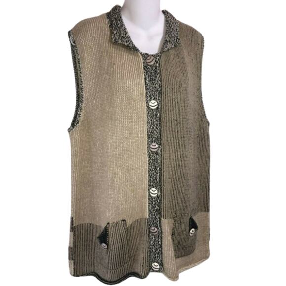 M. GIBSON Vintage Beige Tan Color Block Knit Cardigan Button Up Vest Size M/L - Picture 1 of 12